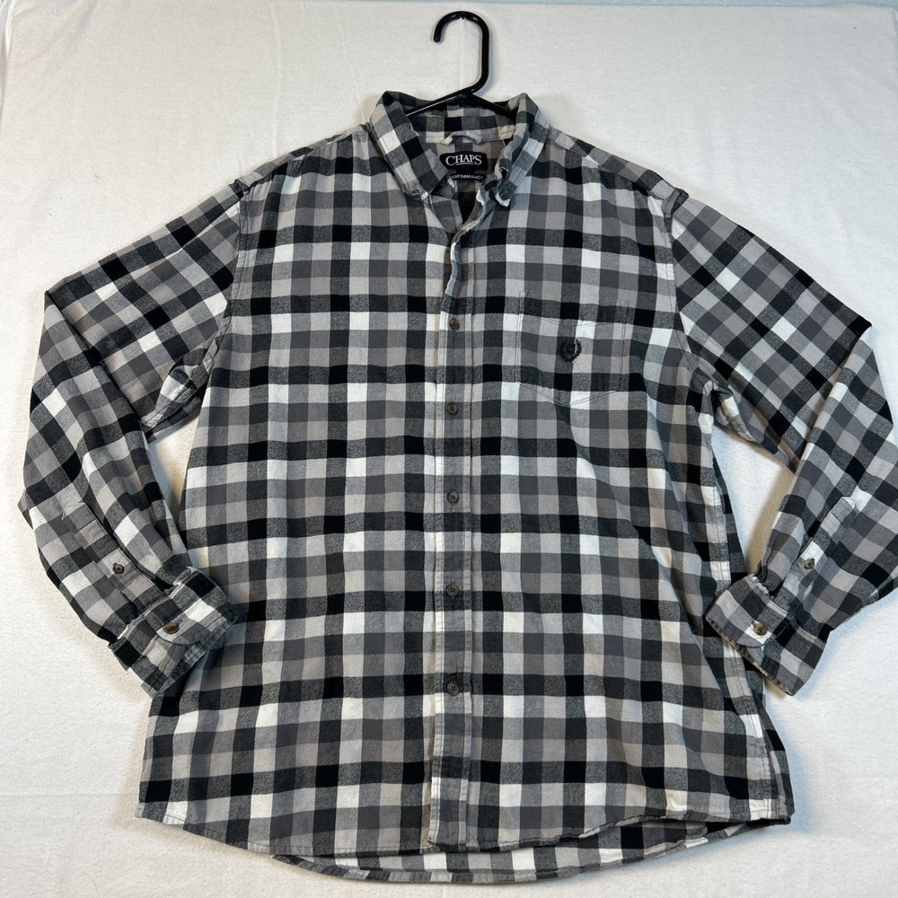 Chaps Performance Flannel Mens Large Long Sleeve Button Down White Black Plaid